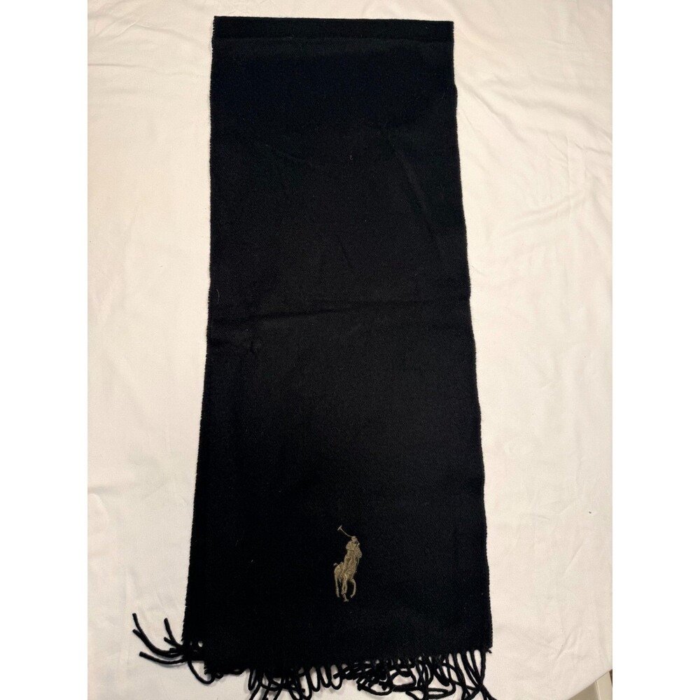 POLO RALPH LAUREN Black Windowpane Reversible Wool Blend Fringed Scarf Italy
